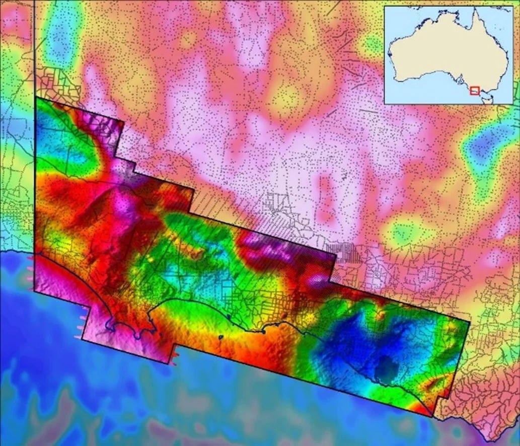 Mapa geofísico de un área de prospección de hidrocarburos en Australia