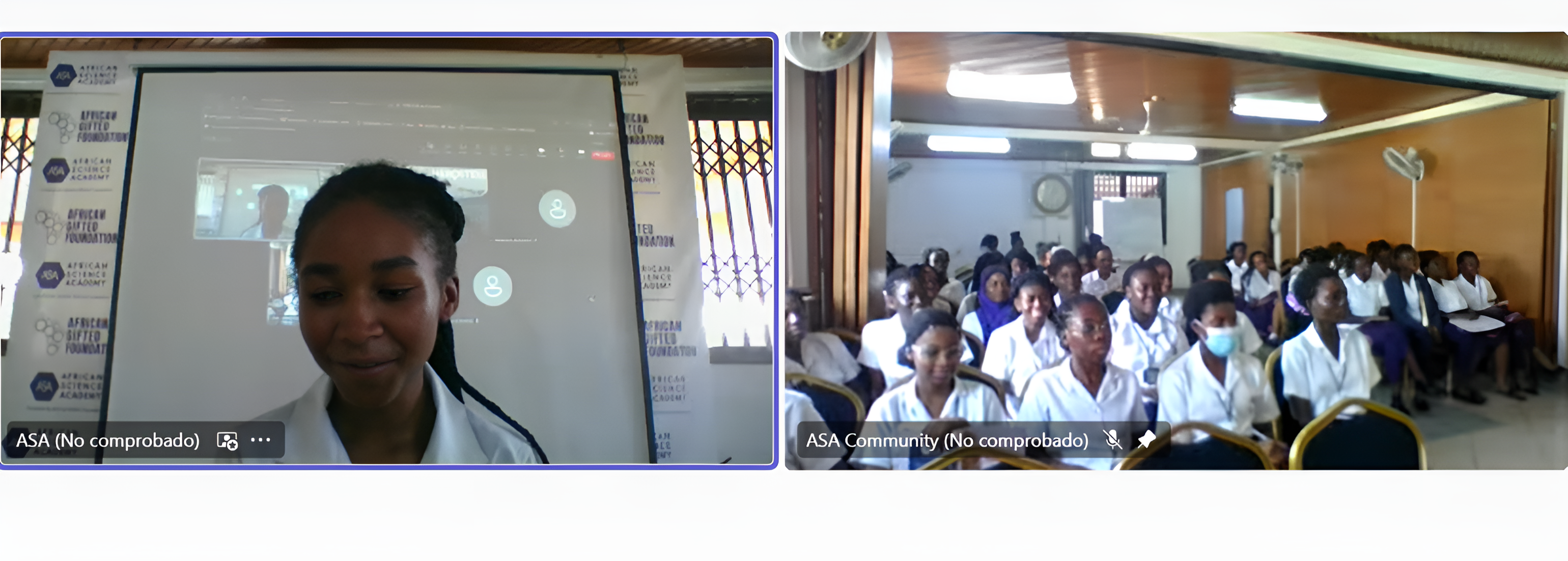 Alumna de African Science Academy y grupo de estudiantes durante un seminario en línea