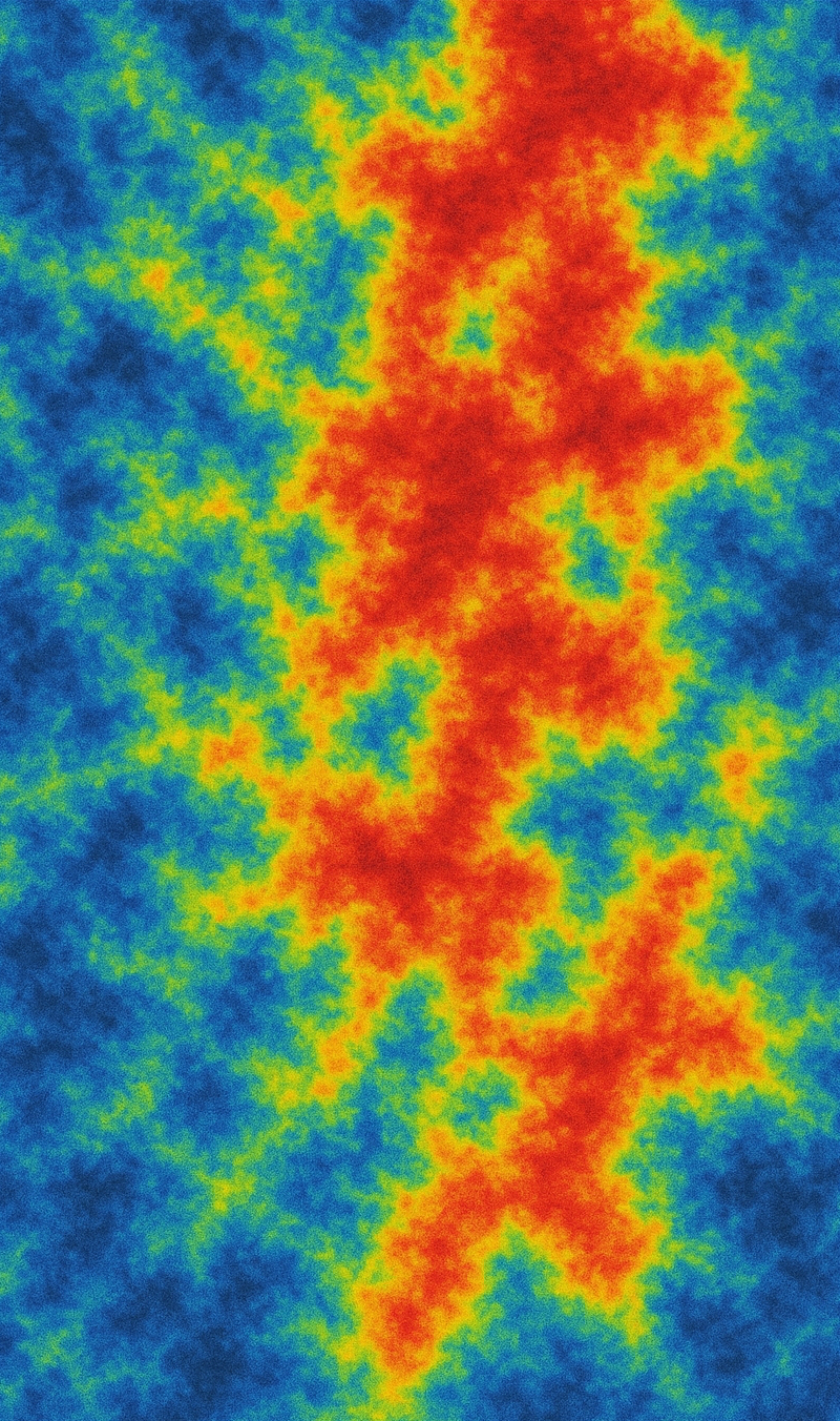 Mapa aerogeofísico en falso color con anomalías lineales rojas y amarillas