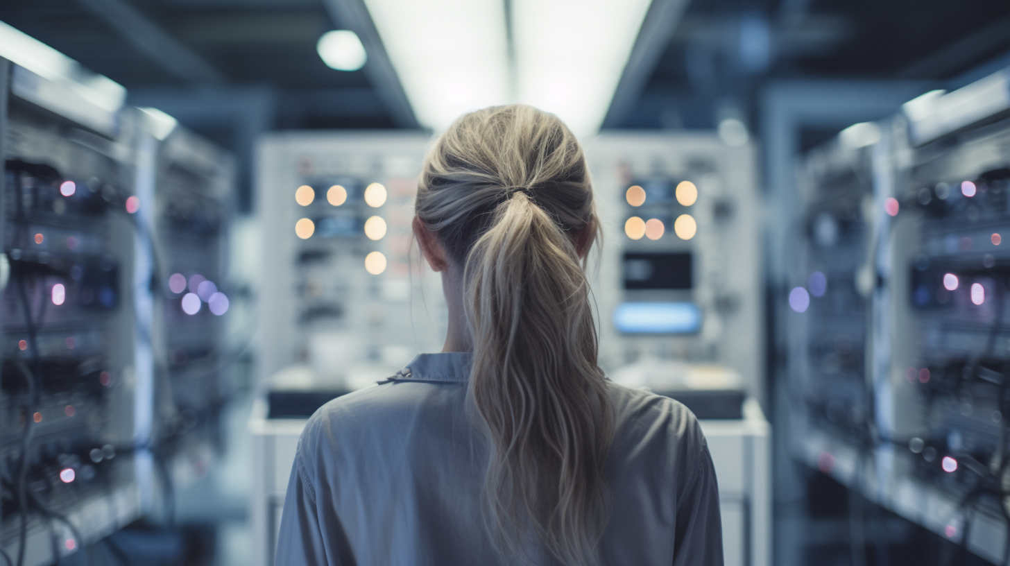 Profesional ante pantallas digitales en un laboratorio de investigación