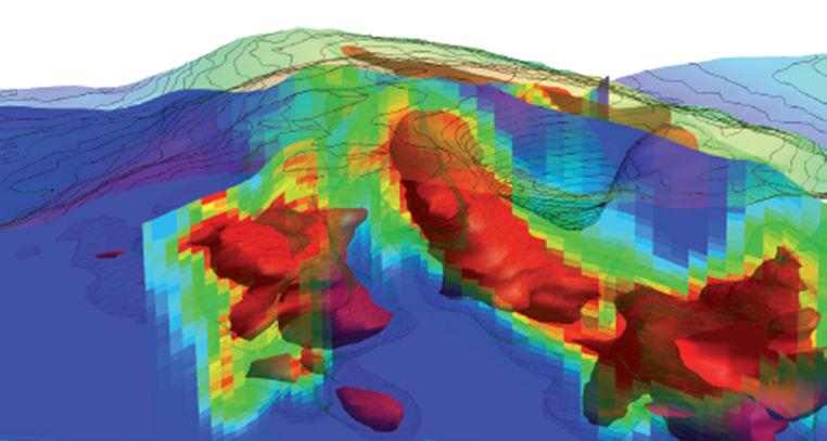 Modelo 3D de datos TEMPEST AEM sobre la mina Kansanshi con zonas conductoras destacadas